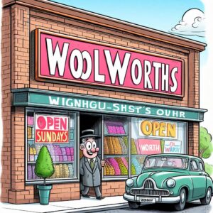 cartoon of woolworth store open on Sundays.