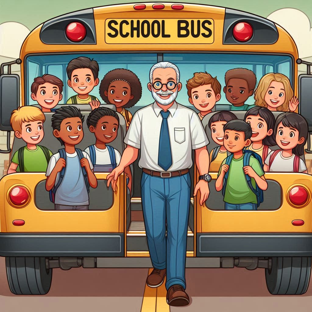 cartoon image of a teacher taking students on a field trip.