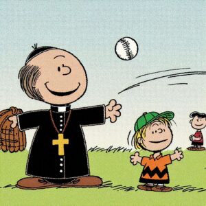 cartoon of a priest playing baseball