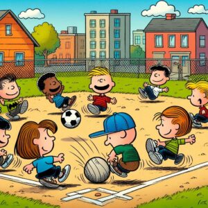 A cartoon of kids playing kickball.